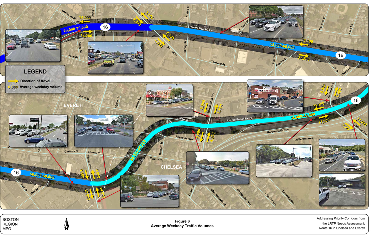 Figure 6
Average Weekday Traffic Volumes
Figure 6 is a map of the study area showing the average weekday traffic volumes on Route 16 in Chelsea and Everett.
Figure 6
Average Weekday Traffic Volumes
Figure 6 is a map of the study area showing the average weekday traffic volumes on Route 16 in Chelsea and Everett.